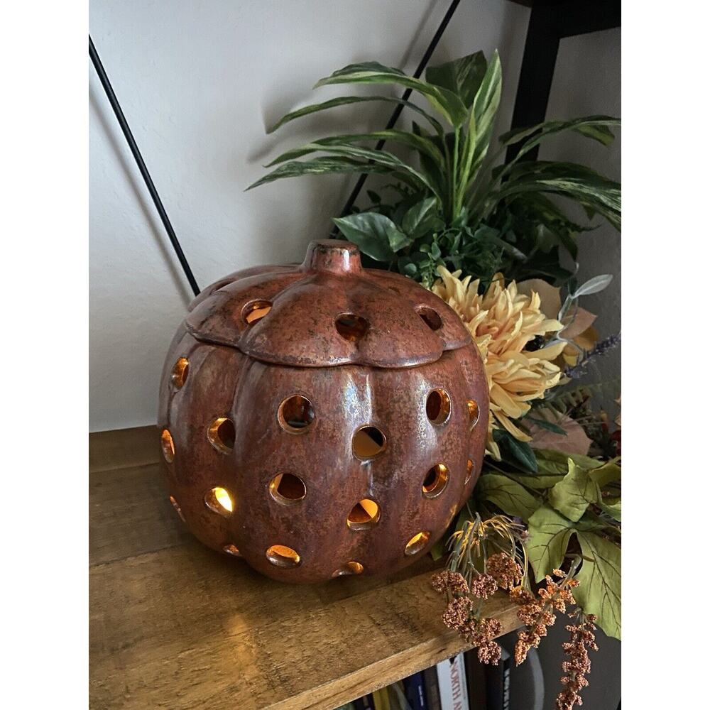 Vintage Pumpkin Flameless Ceramic Illuminations‎ Luminary Pumpkin Rust Metallic